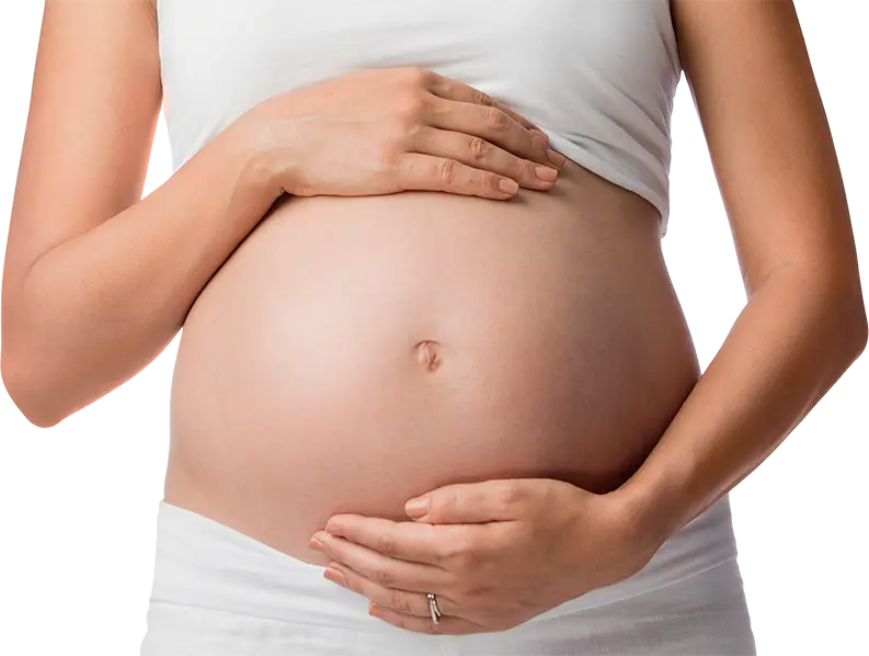 A pregnant belly with mother's hands cupping it on top and bottom
